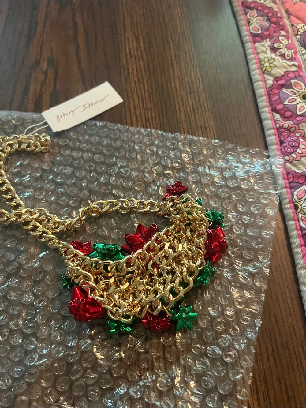 Betsey Johnson Gold-tone Necklace with Red & Green Bow Embellishments